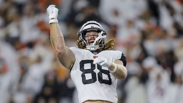 Sep 29, 2022; Cincinnati, Ohio, USA; Cincinnati Bengals tight end Hayden Hurst (88) reacts after scoring a touchdown against the Miami Dolphins in the second half at Paycor Stadium. Mandatory Credit: Katie Stratman-USA TODAY Sports